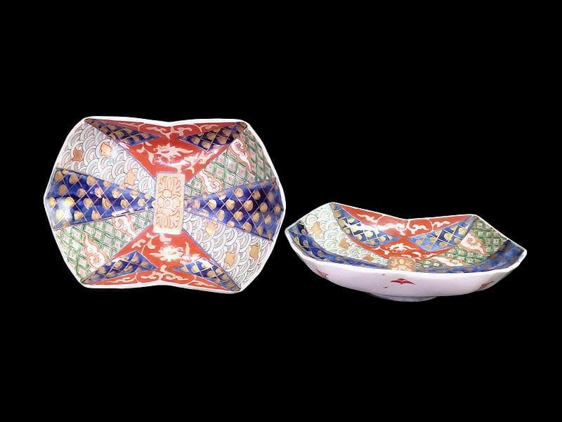 古伊万里 金襴手 波千鳥に幾何学紋の図 熨斗型変形皿