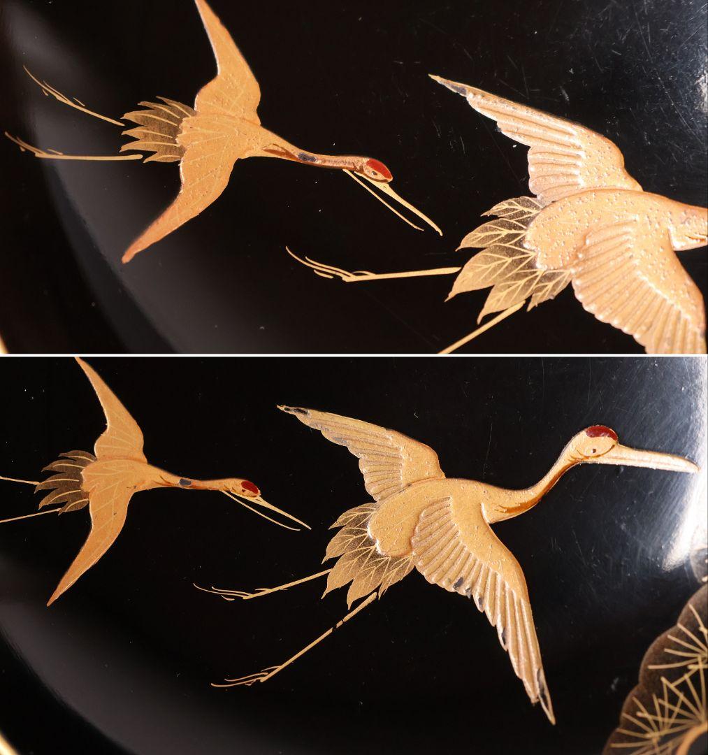 【CM379】大正期 月と松 飛翔鶴 金蒔絵 欅地溜塗 黒塗 椀四客 木製漆器