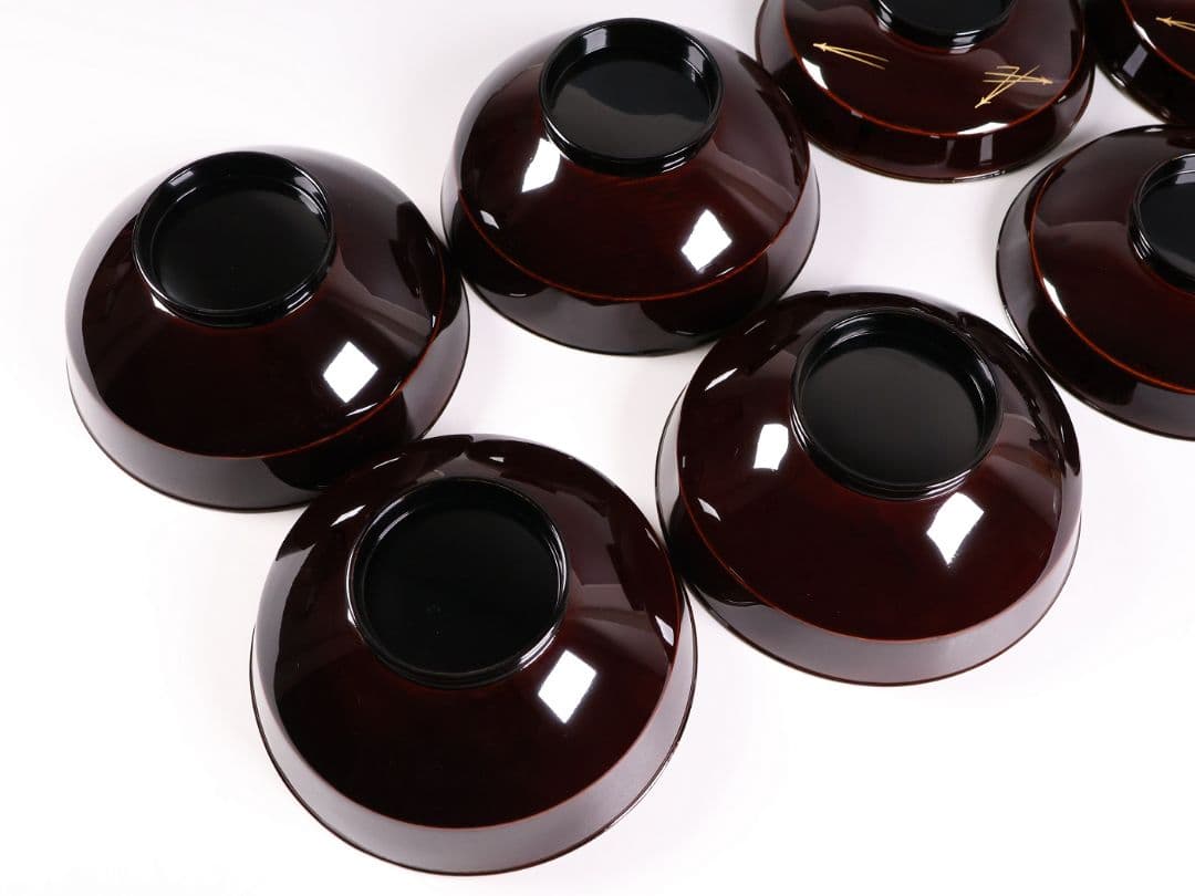 【CM379】大正期 月と松 飛翔鶴 金蒔絵 欅地溜塗 黒塗 椀四客 木製漆器