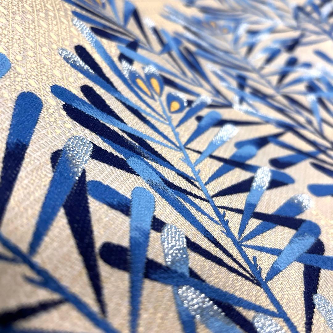 正絹　袋帯《藍染　葉模様》