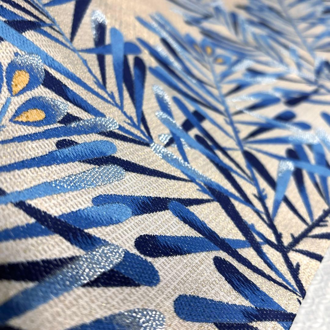 正絹　袋帯《藍染　葉模様》