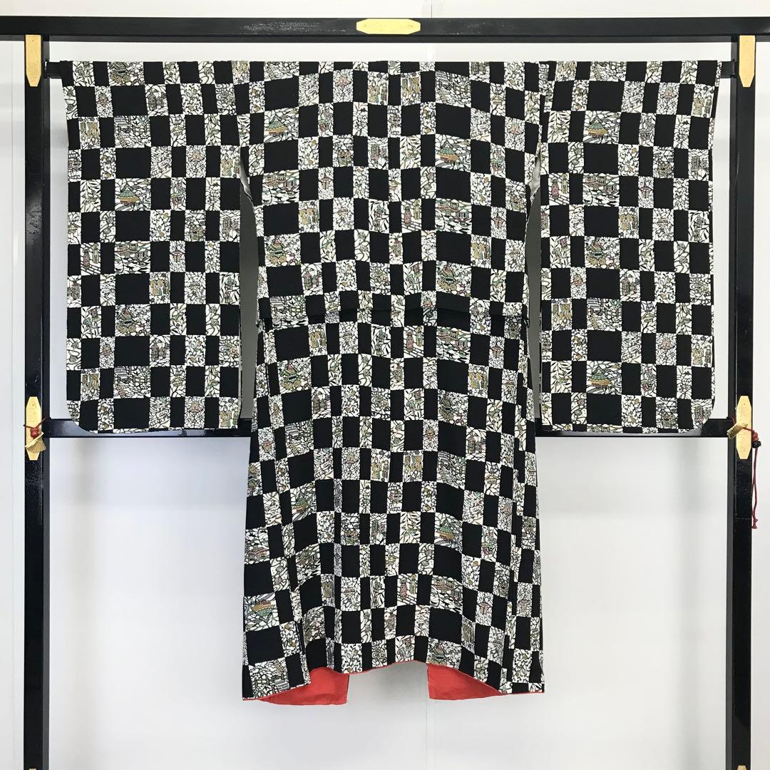 子供着物 型染 玩具や草花 縮緬 黒色 七五三 7歳 10歳 CK-7024