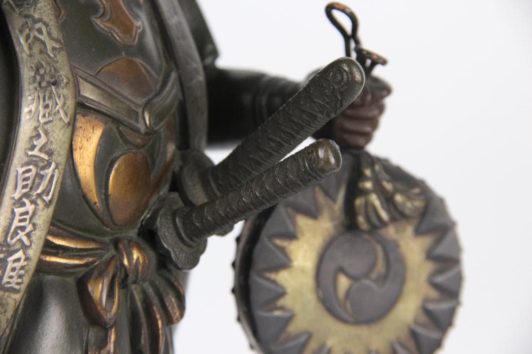 日本美術 銅製武人像 正秀作 細密彫刻 金象嵌 明治期金工 時代物 Eo1-