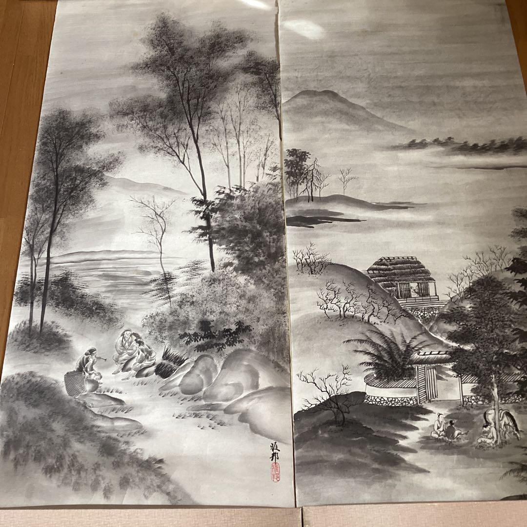 橋本雅邦　紙本水墨画《風景人物画》肉筆　落款印譜あり　双幅捲り　模写　NO107