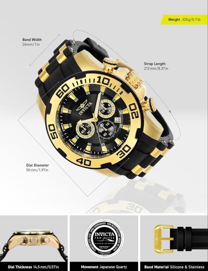 Invicta Pro Diverメンズ クォーツ 腕時計 ゴールド/ブラック