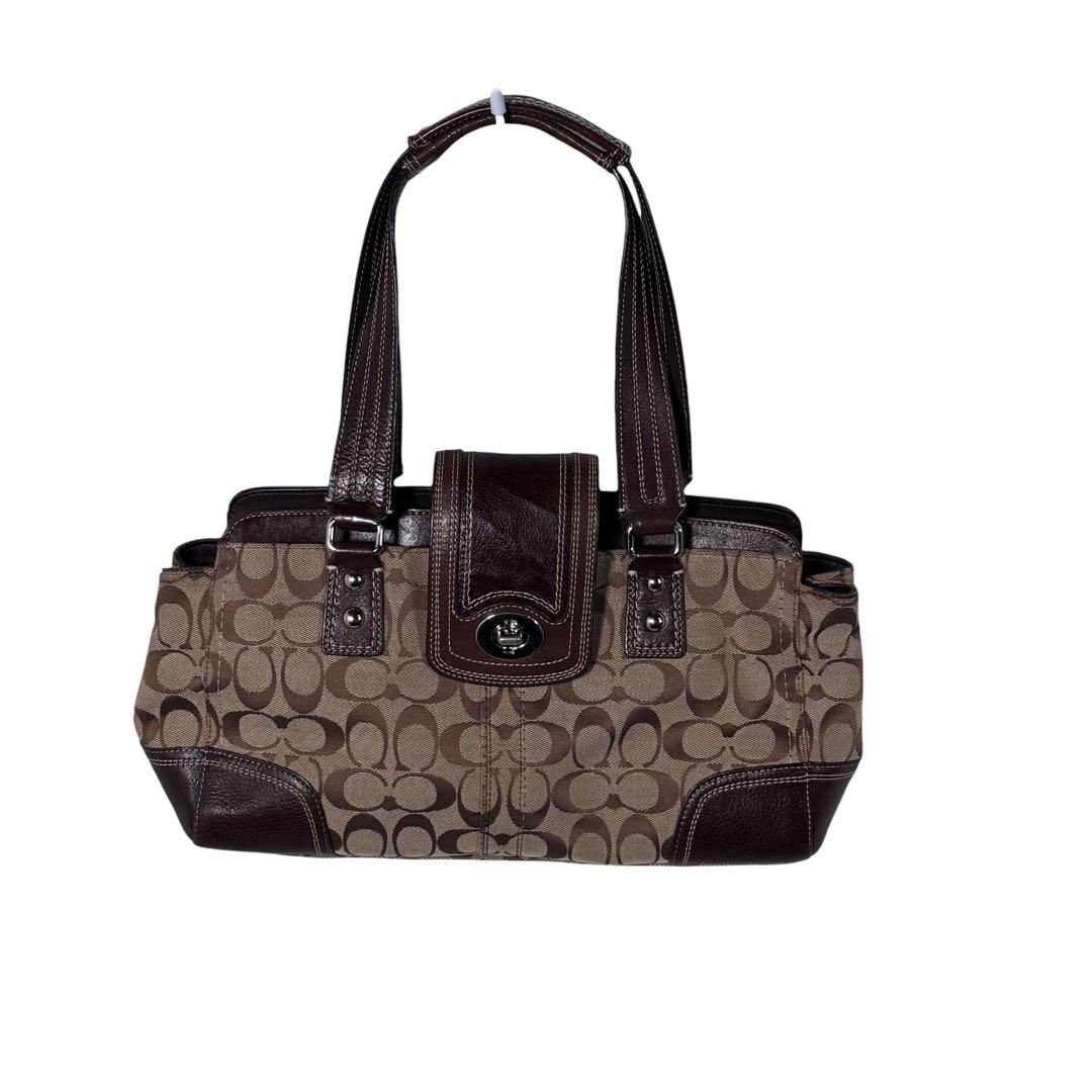 COACH コーチ ハンドバッグ ハンプトンズ 茶 シグネチャー ターンロック