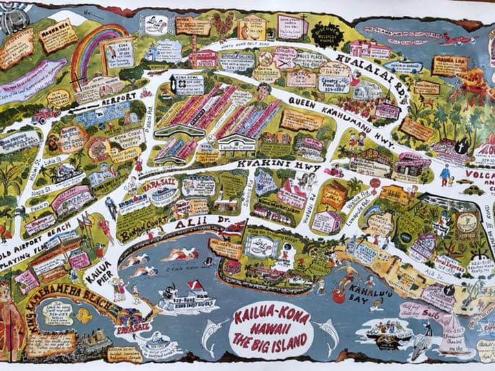 超レア80年代オリジナルハワイ島カイルアコナイラストマップビンテージポスター地図
