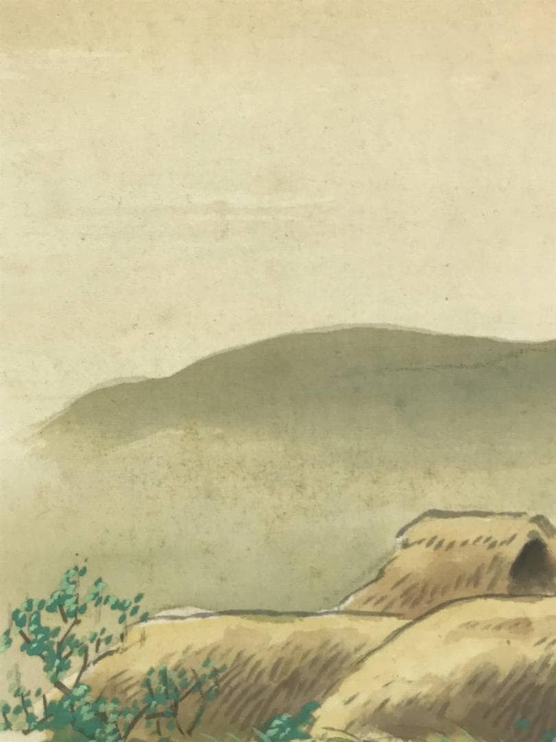 真作】林文塘/水村新緑図/横物/山水漁舟図/山水図/掛軸☆宝