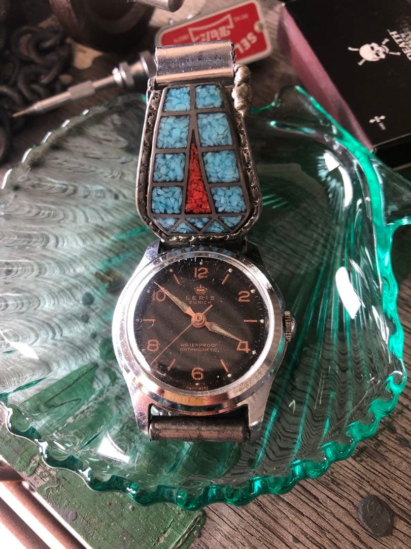 腕時計古物手巻き時間ターコイズ族インレイバンドノスタルジック