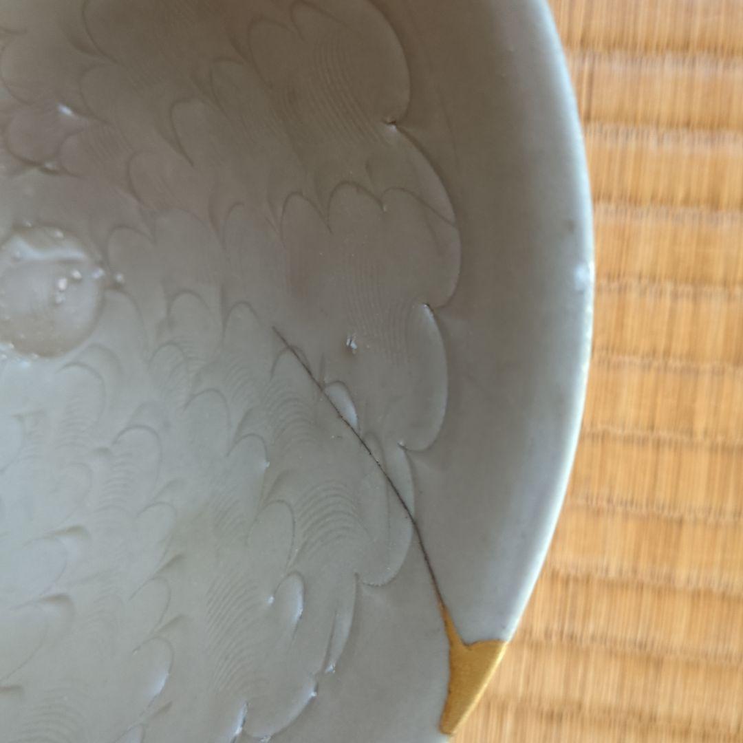 波模様の陶器鉢 木箱入り 金継ぎ 骨董品 古美術