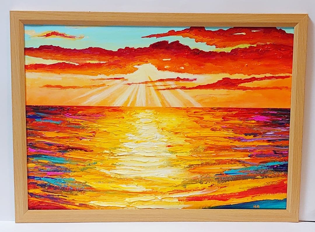 油絵 絵画 夕日の海【Ａ3】