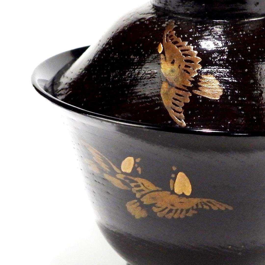金蒔絵 千羽鳥 木製漆器 輪島金沢能登 汁椀　蓋碗 黒小吸物碗　文政元戌寅之歲