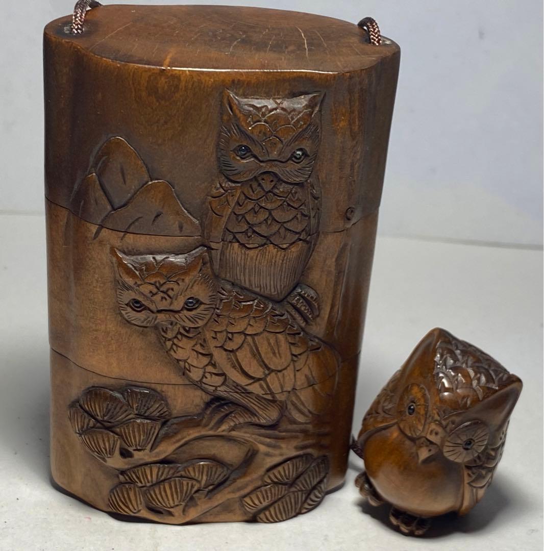 印籠 柘植 鳥 黄楊繊細彫刻 木製
