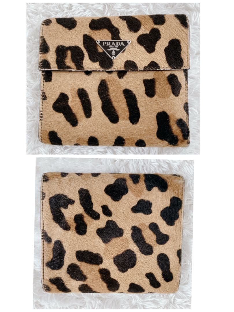希少✨ プラダ 折り財布 ハラコ ヒョウ柄　三角ロゴプレート　トライアルロゴ