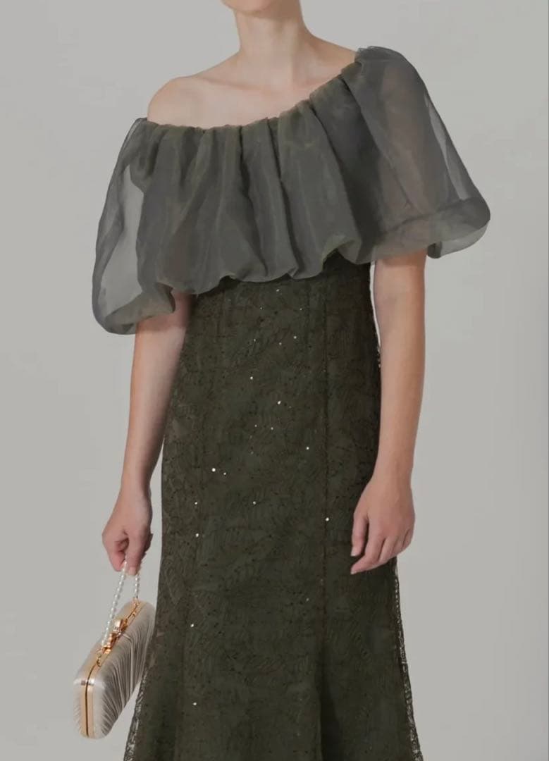 2WAYオフショルダーパフスリーブマーメイドワンピースドレス