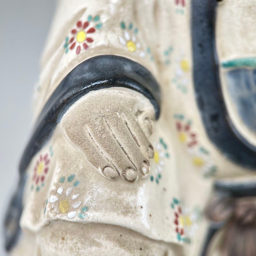 平安竹泉】作 菊花仙俵着彩八十翁福禄寿 陶像 七福神