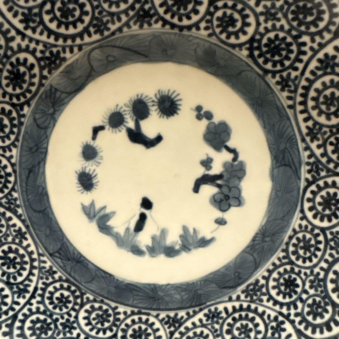 伊万里 有田 染付 印判手 輪花皿 蛸唐草 花丸繋ぎ 見返し蓮