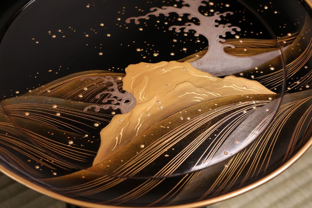 波に鶴 金銀蒔絵 高月一対 木箱 木製漆器 高坏 高槻 菓子器 【MA743】