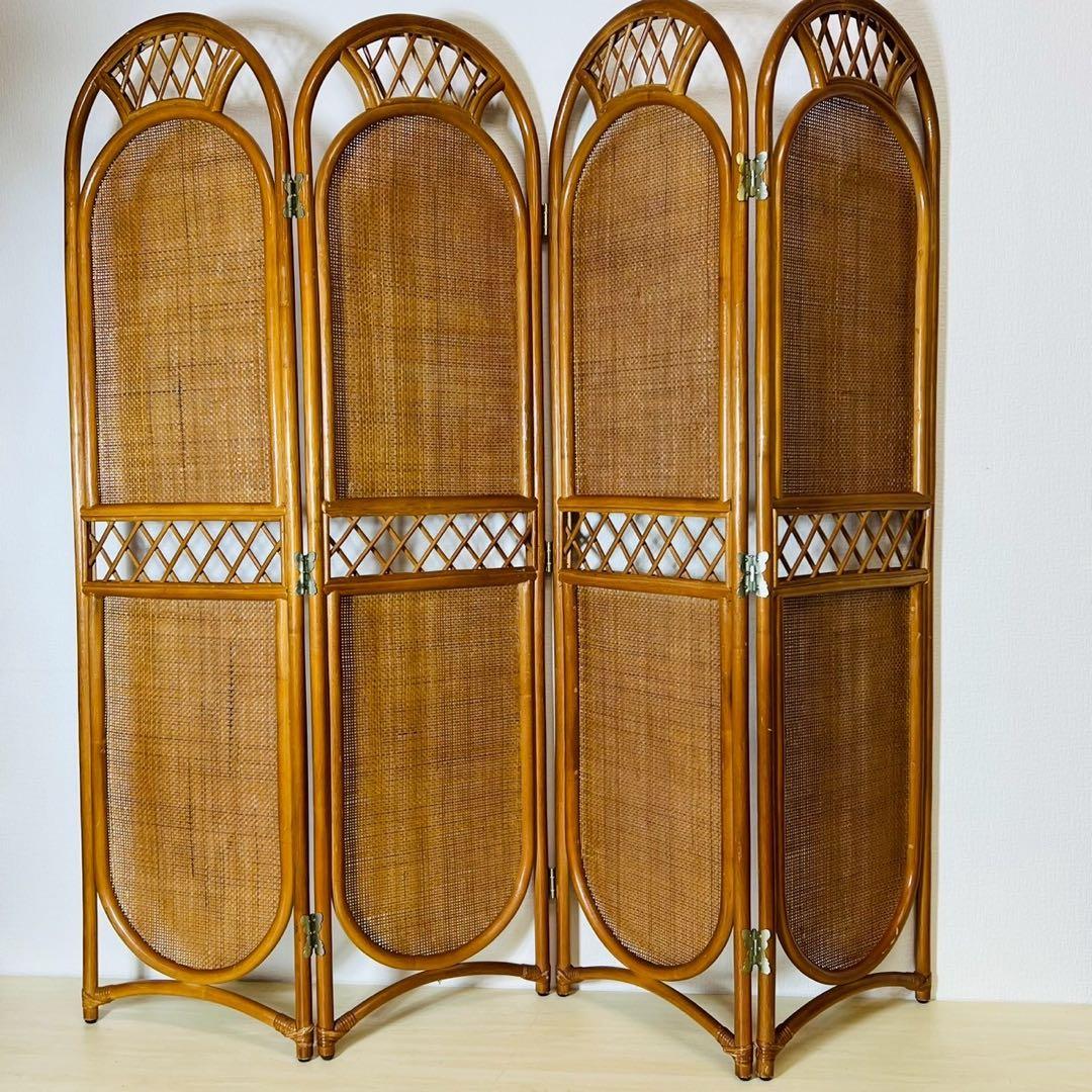 ラタン パーテーション 籐家具 昭和レトロ 4連 衝立 間仕切りアジアン