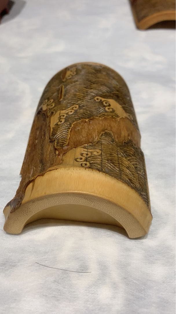 001虫喰い竹彫刻茶則、茶合、仙媒、茶道具、煎茶、煎茶道具、中国