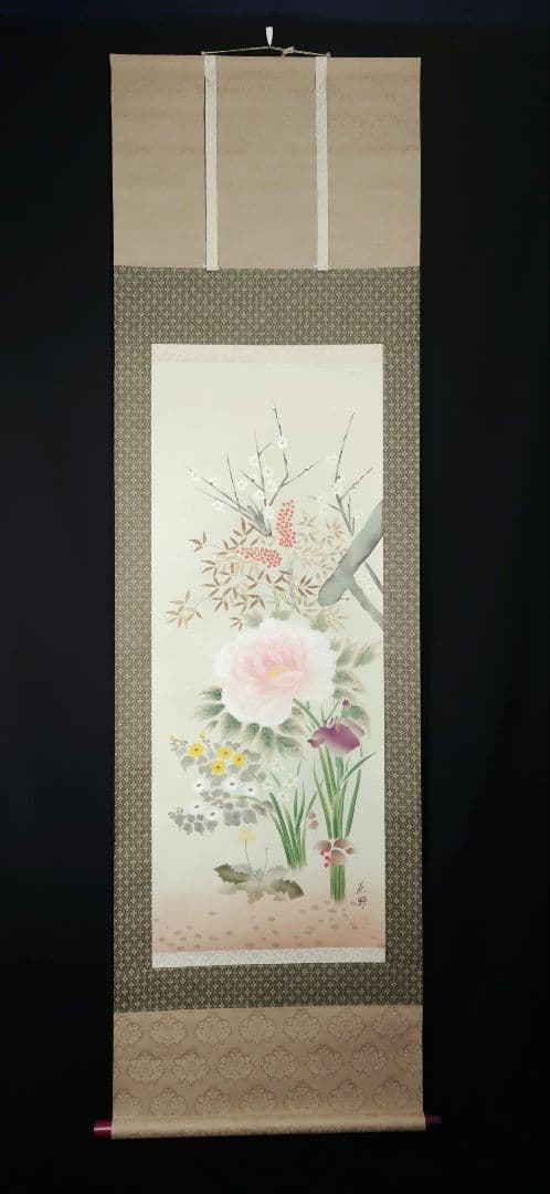 花野作　四季花　牡丹　掛け軸