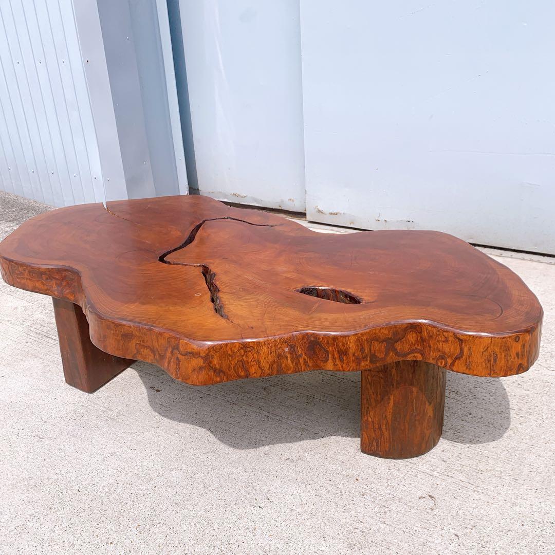 昭和レトロ 木製 天然木 欅材 一枚板 脚付き 小型 座卓 センター