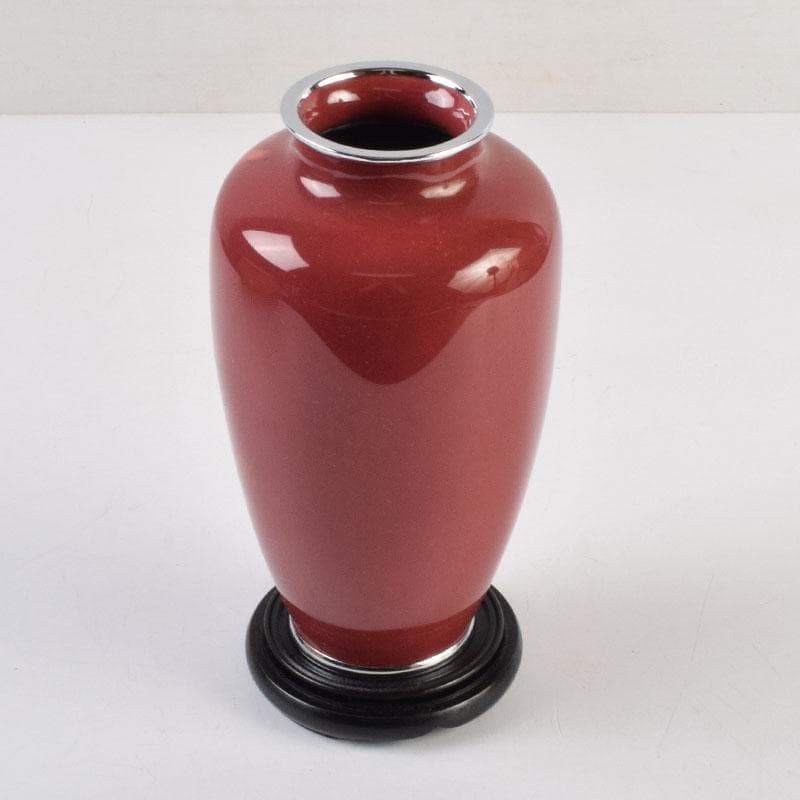 七宝焼 岡田泉作 赤透釉 梅文瓶 花瓶 唐木台付 共箱