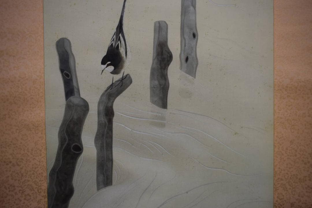 真作/鈴木欣二/涼流小禽図/桐共二重箱付/布袋屋