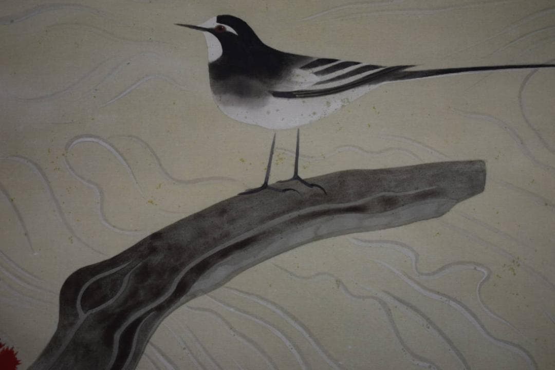 真作/鈴木欣二/涼流小禽図/桐共二重箱付/布袋屋