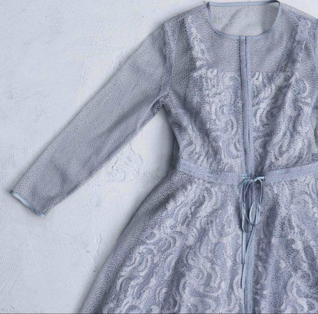 極美品 etoll. エトル 幾何学チュール ロングワンピース M ブルーグレー