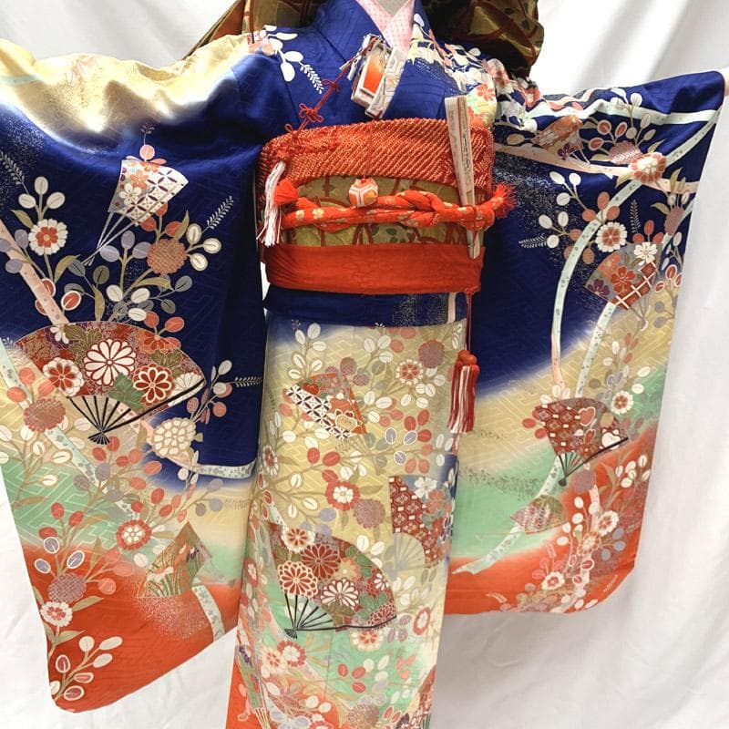 505ag17,赤いしごき■七五三 七歳 女児 着物&袋帯&長襦袢 扇 萩■