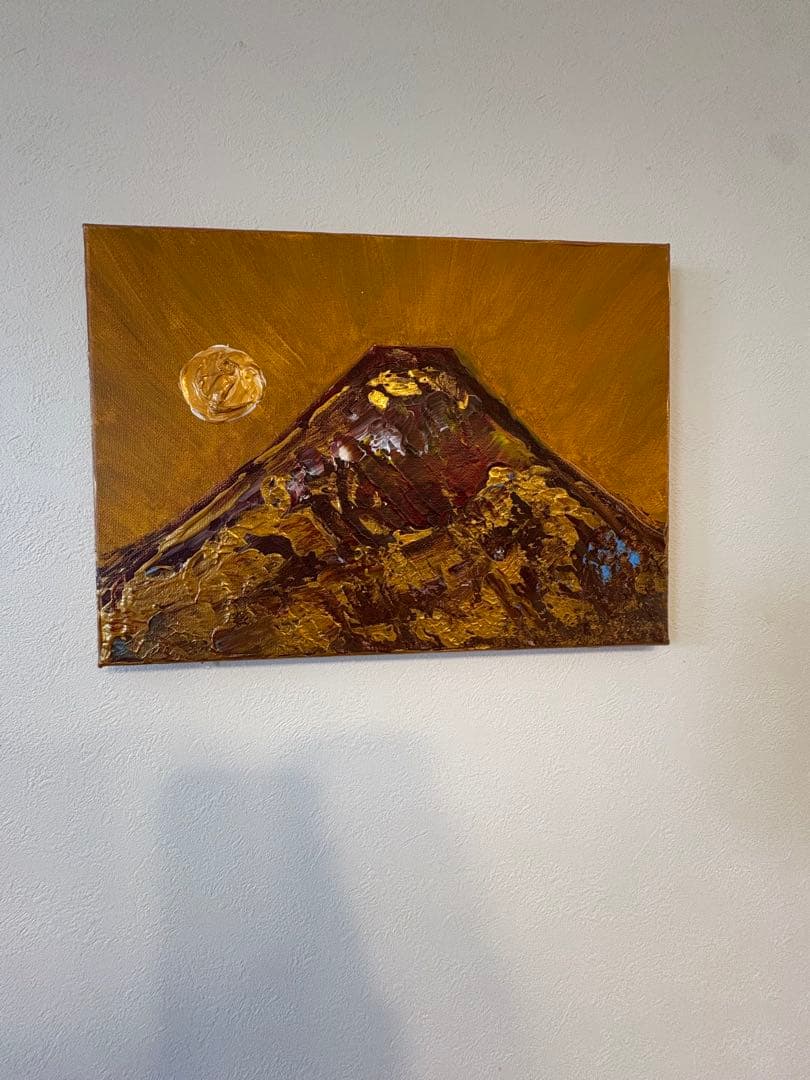 週末セール　赤富士山 鳳凰色　太陽　アクリル画 金色　風水　絵画　　f4