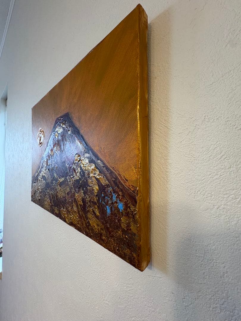 週末セール　赤富士山 鳳凰色　太陽　アクリル画 金色　風水　絵画　　f4