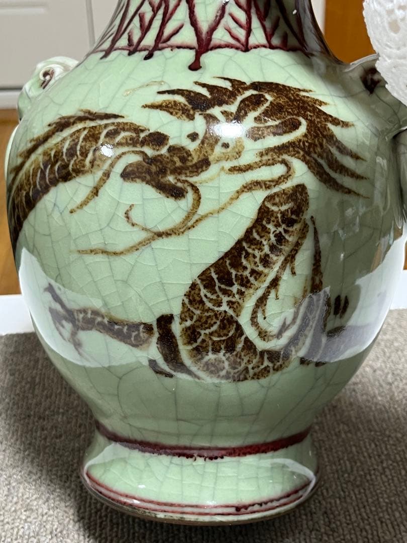 中国美術 龍泉窯 古典焼 官窯 希少 手描 雙耳 彫雲龍文壺 花器 唐物 骨董