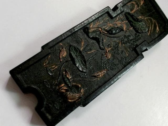 墨■魚戯蓮葉西林光漾遠堤 採蓮發清謳争出越来溪 古墨 老墨 唐墨 古玩 骨董品■