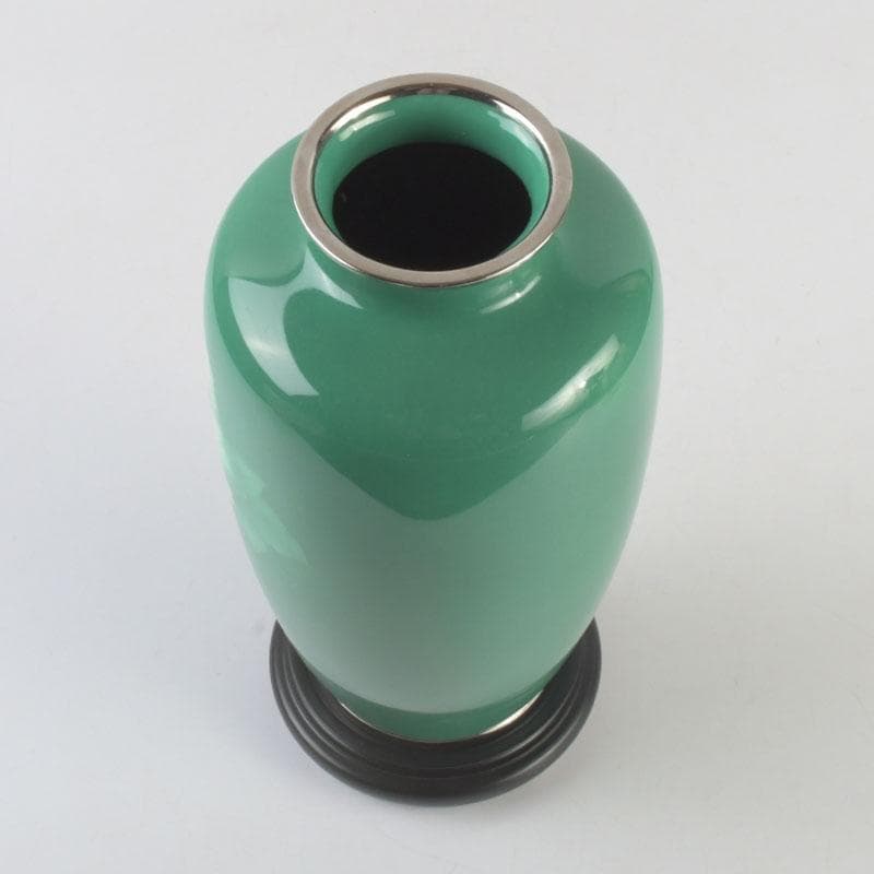 七宝焼 安井幸晴作 牡丹文 花瓶 唐木台付 共箱 V 9556