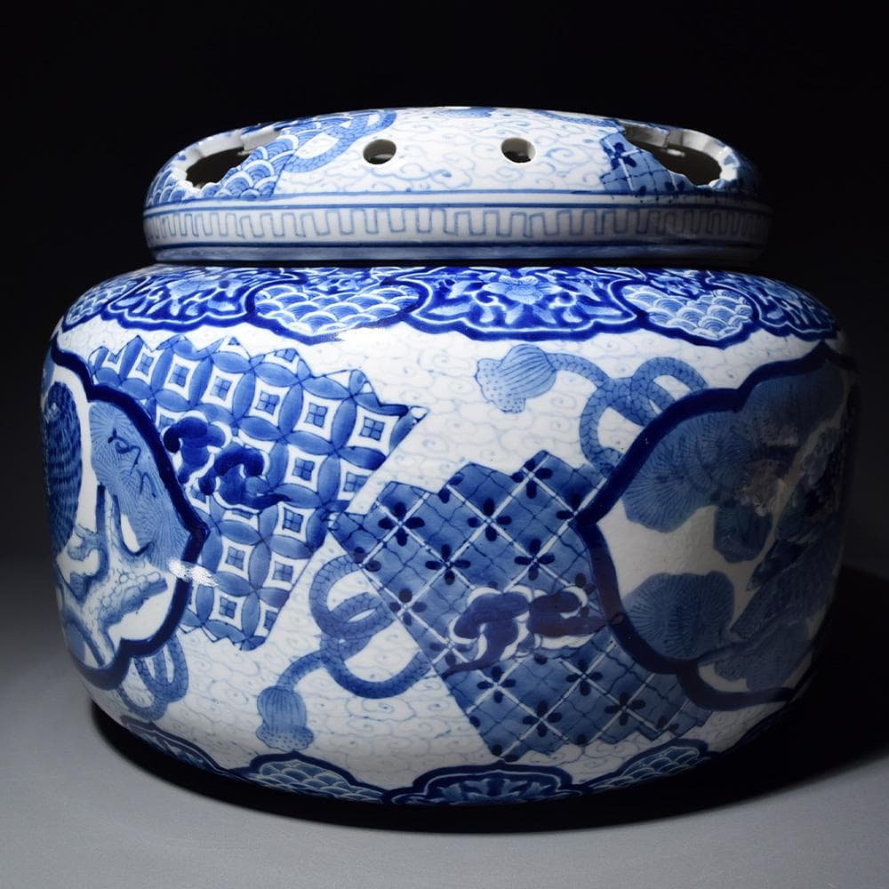 有田焼 染付 地紋松鷹文窓絵 大香炉 香炉 アロマ 骨董 古美術 アンティーク