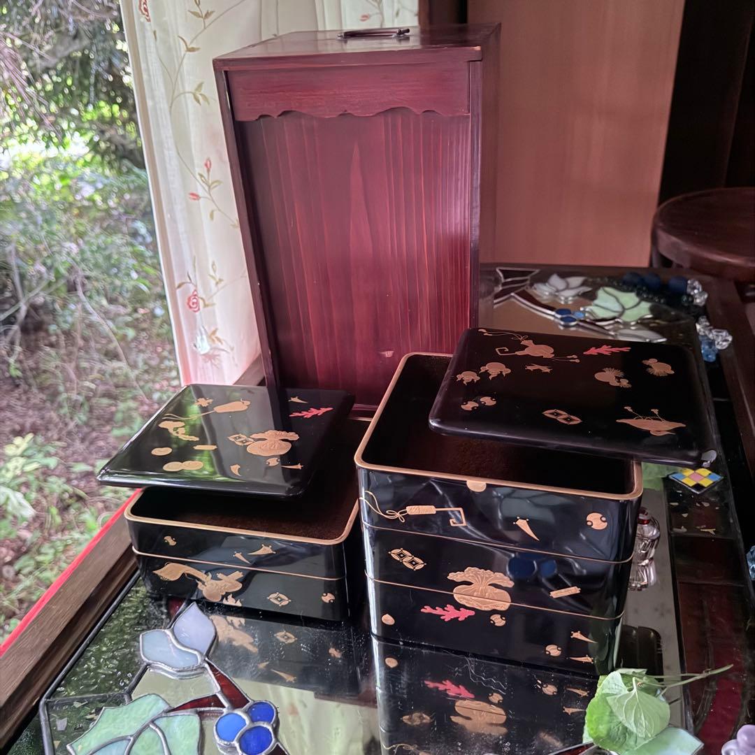 超限定1月2日20時迄‼️JAPAN『図替り宝尽くし』蒔絵梨地四段重台座付木箱入