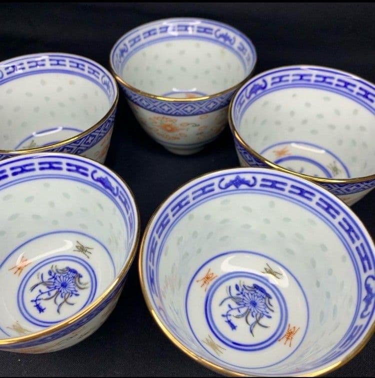 玩玉景徳鎮蛍焼 透かし模様湯吞み6客セット木箱付き