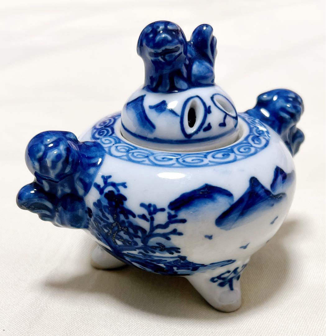 高橋道八作 染付山水図 獅子蓋 獅子耳 三足香炉 香