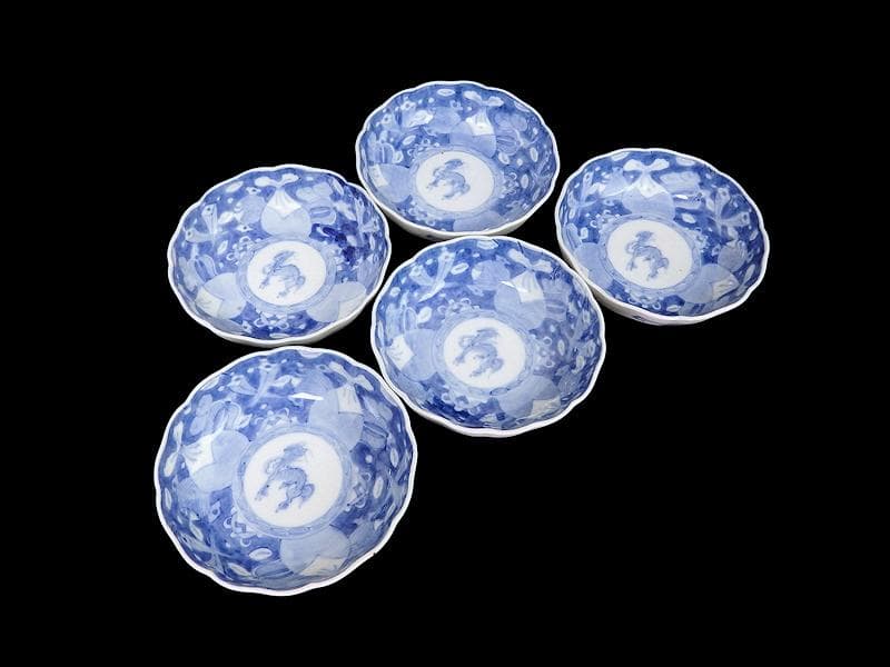 古伊万里　染付　巾着に宝尽くし　麒麟の図　膾皿　５客　129AS-CVv