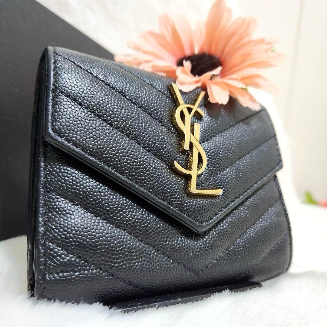 極美✨サンローラン 三つ折り財布 キャビアスキン YSL カサンドラ 極美