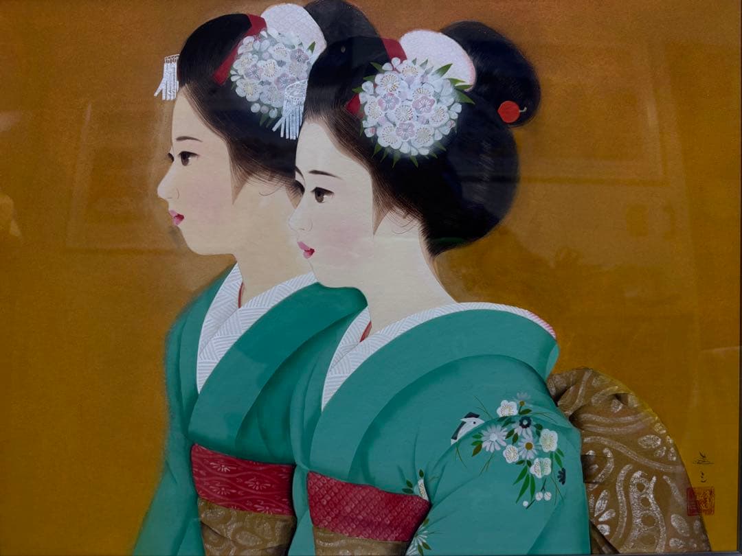 日本画 双子の女性 シルバーフレーム