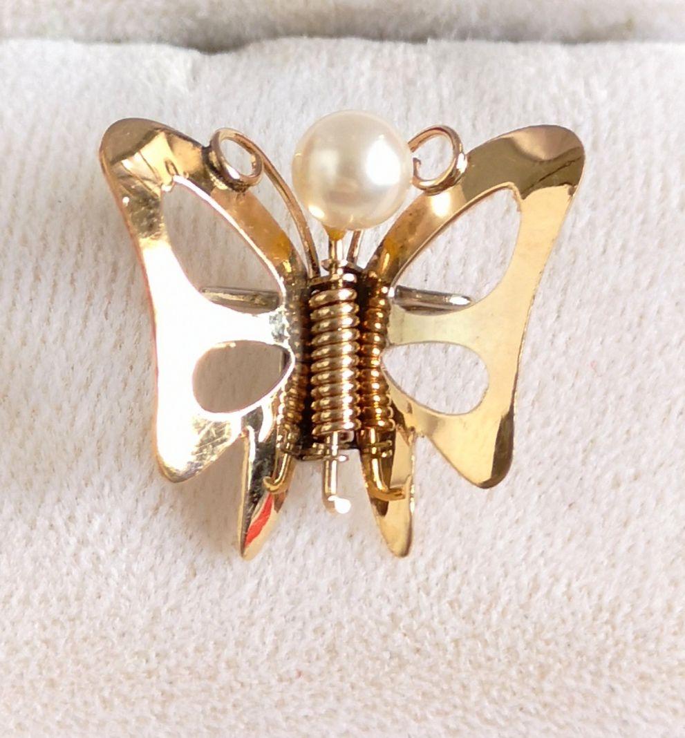 ヴィンテージ 18金 ブローチ バネ式 アコヤ本真珠 蝶モチーフ K18 B62