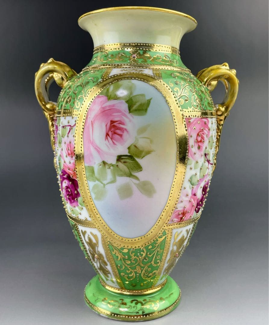 【希少】オールドノリタケ 薔薇紋 ジュエル 金点盛り ビーディング 花瓶