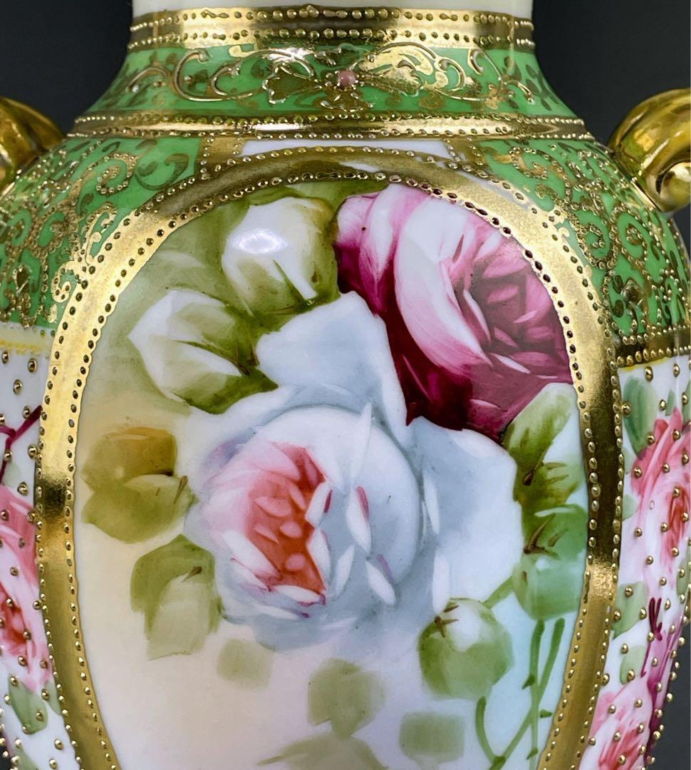 希少】オールドノリタケ 薔薇紋 ジュエル 金点盛り ビーディング 花瓶