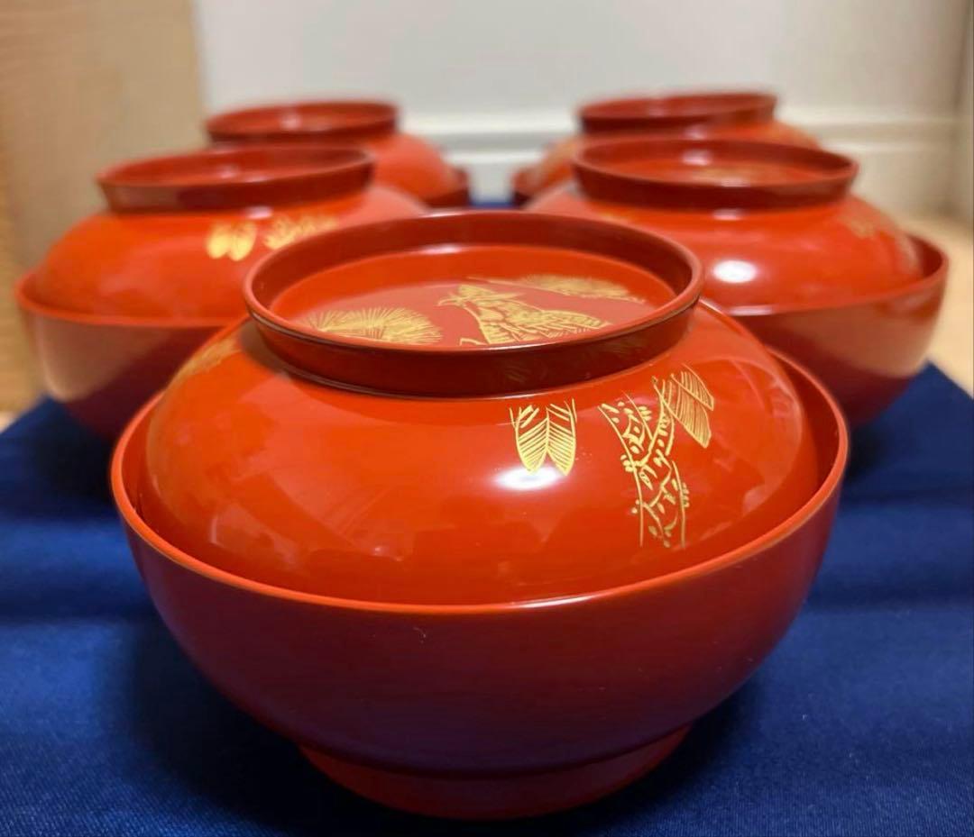 輪島塗　漆器　蓋付 吸物椀　沈金　朱塗　煮物　雑煮　8客　汁椀　鷹と松紋