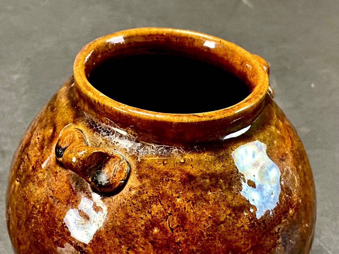 母」 大樋焼 双耳 飴釉 古壺 時代箱 古窯 （225A③）❗️割引