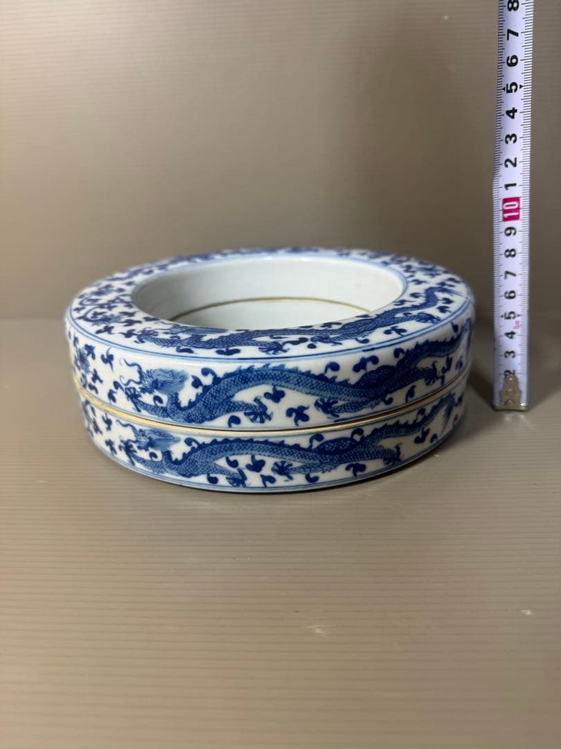 2430 骨董　染付青花　龍文　蓋物　置物　時代物