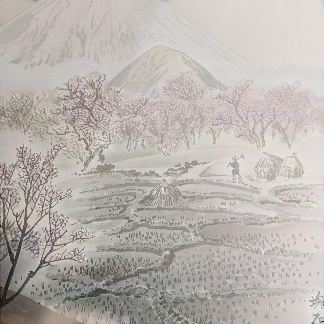 塊石版画、下曽我の梅林と富士、（富士25図の内)定石塊